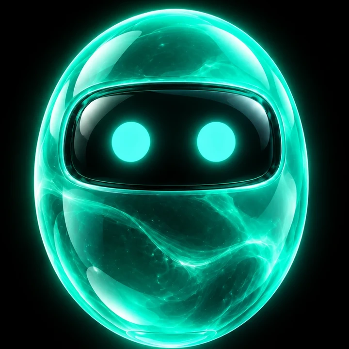 ZEMLI: a glowing teal glass egg with a dark visor and two round eyes